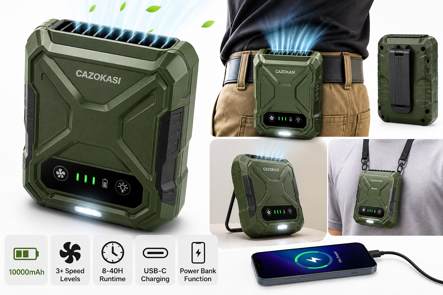 CAZOKASI Personal Waist Clip Fan (10,000mAh, Green) Review: Hands‑Free Cooling for Work and Travel